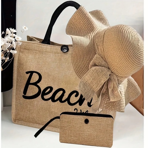 3-pc Beige Beach Vibes Tote Bag, Hat, and Clutch Set - Picture 1 of 10